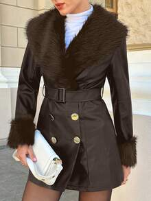 Lavishia 女士优雅棕色仿毛皮领系带长袖外套，秋冬保暖外套 - 摩卡棕 - 查看 3