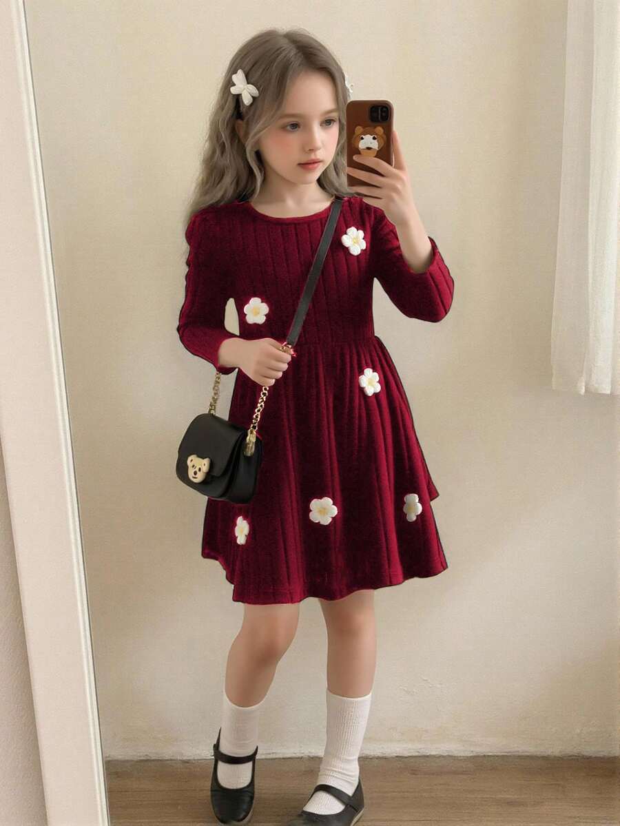 Elladie kids 女童休闲可爱圆领插肩袖收腰短款纯色针织碎花连衣裙 - 酒紅色 - View 1