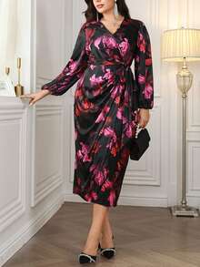 Reflora 加大码 V 领裹腰长袖灯笼袖印花缎面长裙，优雅浪漫，适合派对和聚会 - 彩色 - 查看 6