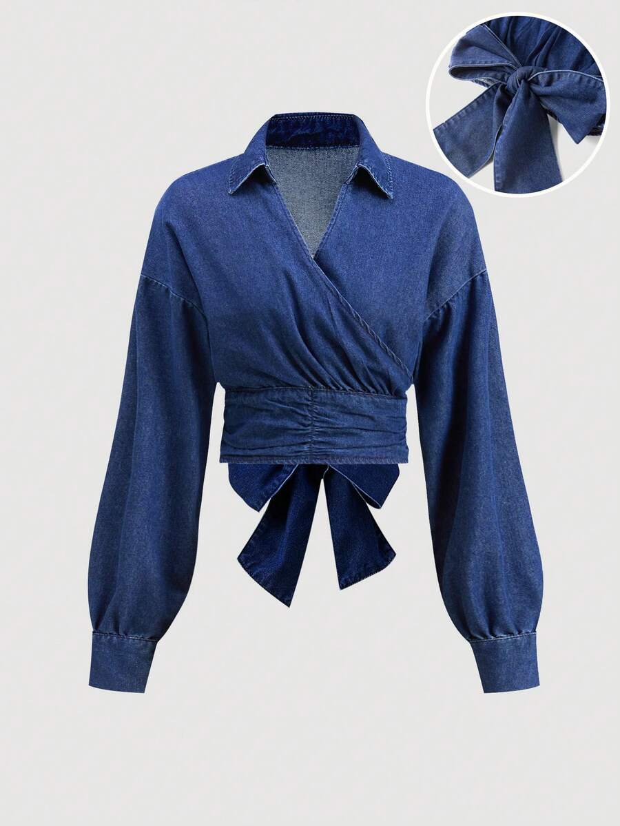 SHEIN MOD 女式秋季落肩长袖休闲牛仔衬衫上衣，后背饰有结饰 - 深色水洗藍 - 查看 1