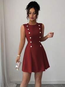 Elenzga Váy ngắn thắt eo đính đá lấp lánh, phong cách Pháp cổ điển thanh lịch, phù hợp cho lễ tốt nghiệp, tiệc tùng, hẹn hò, đi làm, đa năng - Màu Đỏ Sâu - Xem 3