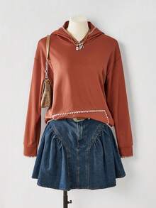 SHEIN LilyWest Áo nỉ trùm đầu màu nâu trơn phong cách Bohemian dành cho nữ, Áo nỉ thêu màu tương phản dành cho nữ - màu nâu - Xem 1
