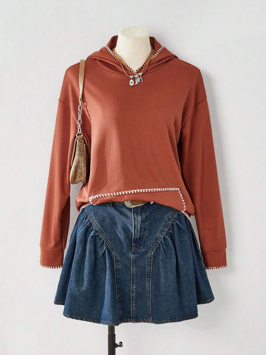SHEIN LilyWest Áo nỉ trùm đầu màu nâu trơn phong cách Bohemian dành cho nữ, Áo nỉ thêu màu tương phản dành cho nữ - màu nâu - Xem 1