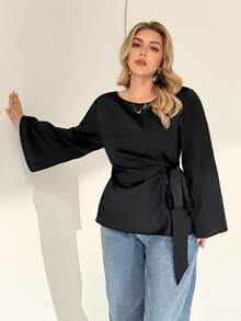 Auralis Áo kiểu nữ cỡ lớn thời trang thu đông, thanh lịch, rộng rãi, thoải mái, tay loe thắt nơ bằng satin màu đen, thích hợp mặc hàng ngày, kiểu dáng mùa thu, áo nữ, trang phục công sở, áo đi làm. - màu đen - Xem 7