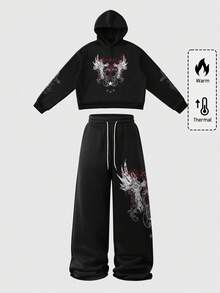 ROMWE MEN Goth Conjunto de chándal casual con sudadera con capucha y pantalones con estampado de letras y cruces para hombre en otoño - Negro - Ver 1
