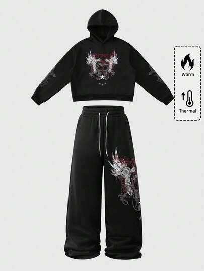 Street Life Men's Autumn Gothic Letter & Cross Print Hoodie And Sweatpants Casual Tracksuit Set