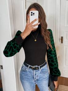 SHEIN LUNE Áo cánh cổ cao dệt kim tay bồng màu tương phản họa tiết da báo retro, thanh lịch, thường ngày khi đi làm, dành cho nữ, mùa thu/đông - màu xanh lá - Xem 3