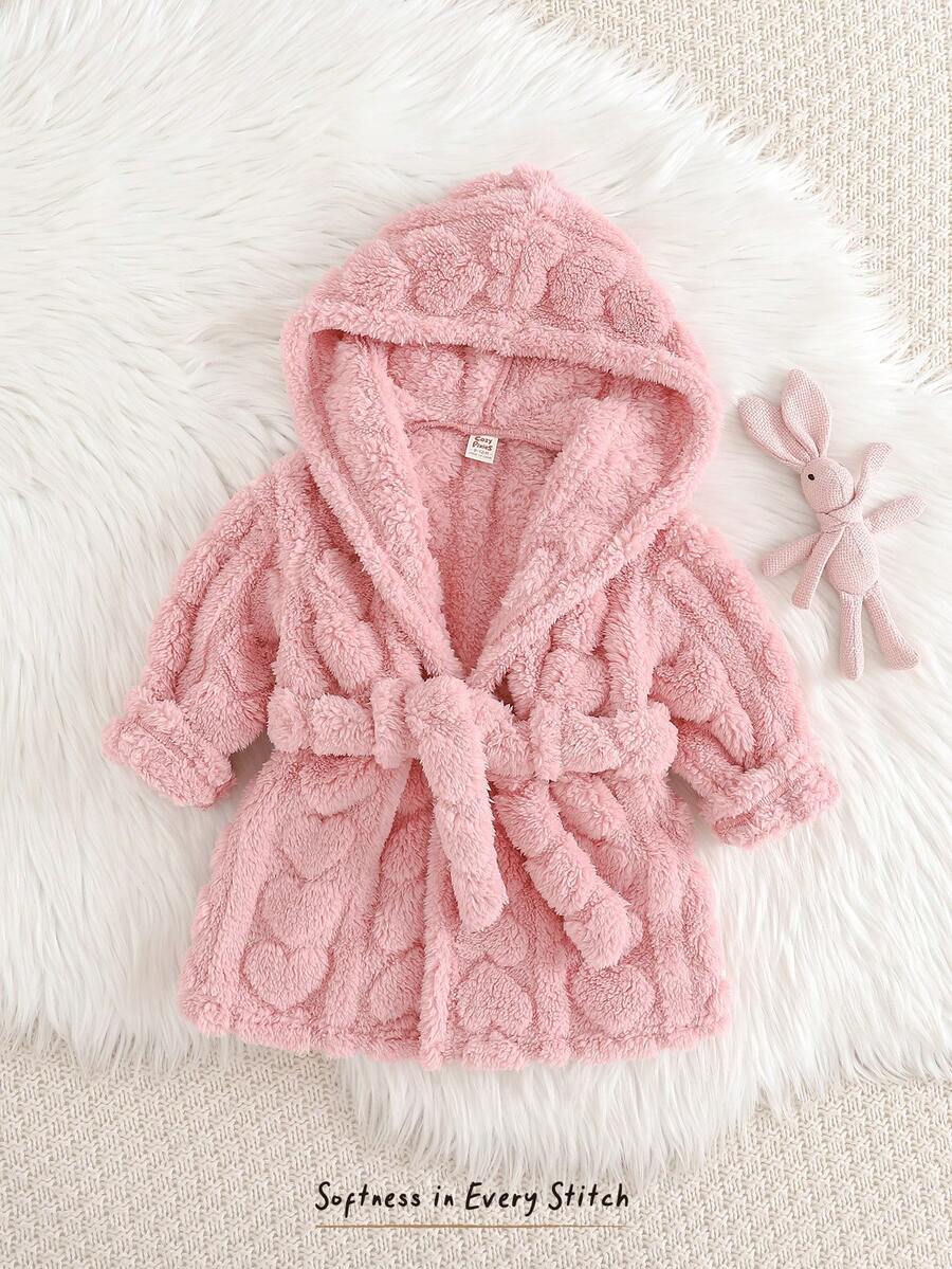 Cozy Pixies Baby Mädchen Fleece dick einfarbiger Kapuzenmantel mit Gürtel, vielseitig und bequem - Pink - Übersicht 1