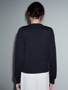 SHEIN Luminelle Áo len cardigan dệt kim trang trí khóa kim loại thời trang mới cho nữ - Màu xanh hải quân - Xem 2