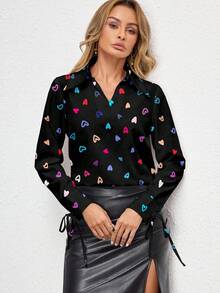 Glamance Maria Clara Maia Christmas Heart Casual Black Long Sleeve Women Blouse Top Cute Shirt For Women Queen Of Hearts Shirt Women Blouses Long Sleeve Heart Shirt Women S Button Up Blouse Chic Stylish Clothing Collection Women Work Blouses Blouse Heart Print Heart Print Blouse Blouse With Heart Pattern - Black - View 6