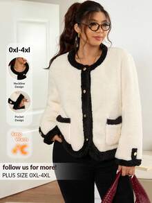 Lounesse 大码女式撞色黑白长袖厚外套，适合日常外出通勤，大码白色夹克女式秋冬装