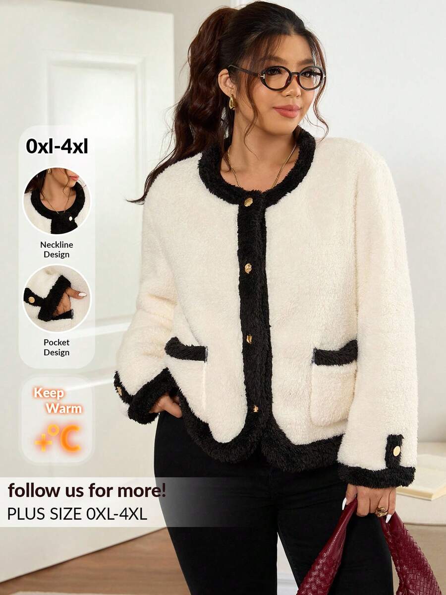 Lounesse 大码女式撞色黑白长袖厚外套，适合日常外出通勤，大码白色夹克女式秋冬装