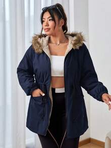 SHEIN EZwear 加大码海军蓝抽绳腰部蓬松连帽加厚棉服外套，冬季休闲 - 藏蓝色 - 查看 6
