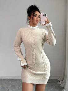SHEIN PETITE Elegant Long Sleeve Twist Rope Crew Neck Lace Trim Apricot Knit Sweater Dress For Commuting, Autumn/Winter - Apricot - View 6