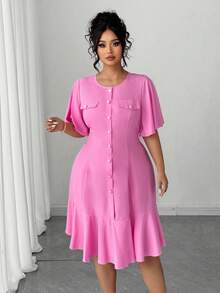 Elenzga 加大码优雅短袖荷叶边下摆纽扣迷你连衣裙，适合夏季、返校、毕业典礼、节日、情人节、音乐节、母亲节、万圣节、感恩节、复活节、国庆节、舞会、约会、派对、婚礼、户外活动 - 粉色 - 查看 6