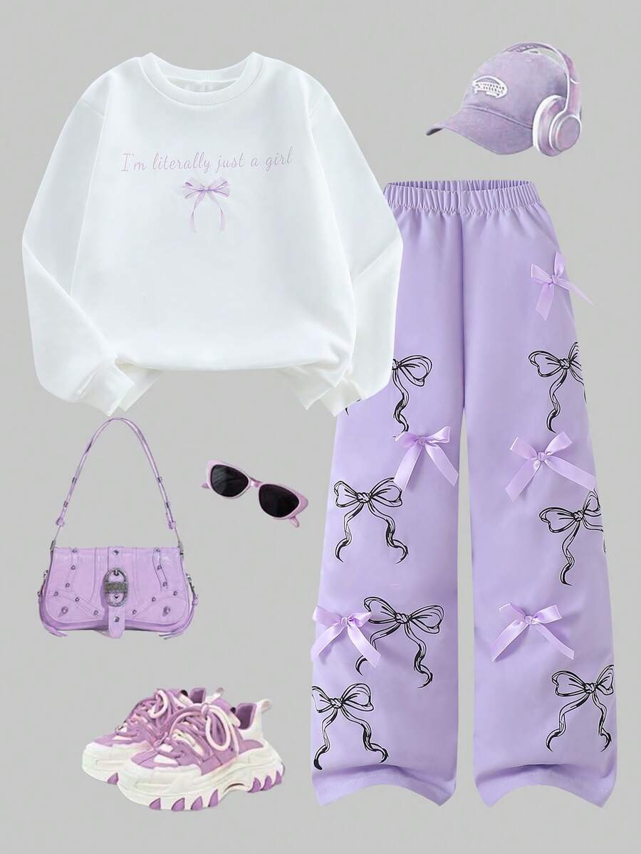 SHEIN Sparklyn 8-12岁女童可爱时尚休闲风白色圆领卫衣，粉色字母蝴蝶结印花，搭配粉色抽绳腰裤，两件套 - 紫色 - 查看 1
