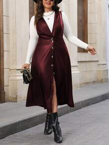 Vionelle 加码纽扣前开襟PU皮连衣裙，不含T恤，适合冬季女士穿着的及地长裙 - 酒紅色 - 查看 4