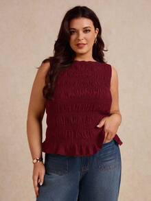 Elaquor Plus Size Casual Solid Color Close-Fitting Tank Top, For Summer Plus Size Christmas - Burgundy - View 7