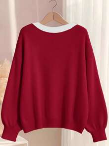 GlowEve CURVE Plus Size Elegant V-Neck Ruffle Bow Long Sleeve Pullover Sweater - Red - View 2