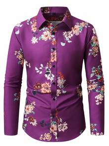 Manfinity AFTRDRK 男士印花长袖单排扣休闲衬衫 - 紫色 - 查看 3