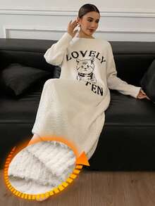 DAZY Loose Fit Cat Graphic Long Sleeve Knit Nightgown, Women Sleepwear Dress For Autumn/Winter, Moo Moo Night Dress Pajamas - White - View 1