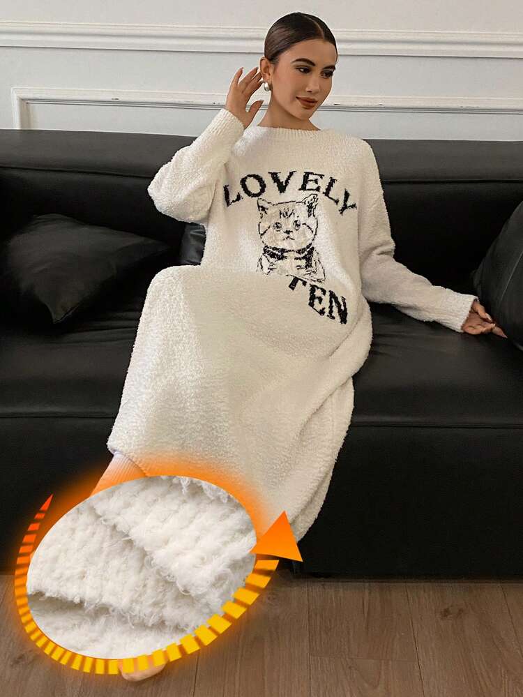Loose Fit Cat Graphic Long Sleeve Knit Nightgown, Women Sleepwear Dress For Autumn/Winter, Moo Moo Night Dress