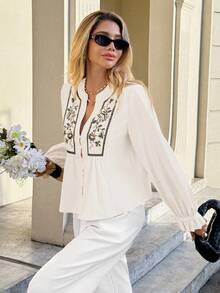 Serisse Blusa con cuello con muesca y bordado floral, estilo francés casual para oficina, elegante y minimalista, ideal para uso diario, citas, bodas, estilo "old money", fiestas nacionales y Acción de Gracias - Multicolor - Ver 6