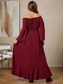 SHEIN LUNE Plus Size Women's Solid Color Ruffle Off Shoulder Long Sleeve Fashion Dress/Christmas - Burgundy - View 3