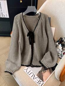 SHEIN PETITE CURVE 大码休闲毛衣，系带蝴蝶结，撞色滚边开衫，女士秋季服装 - 灰色 - 查看 6