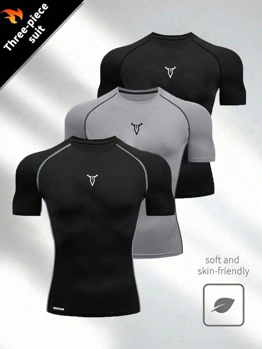 Manfinity Sport Corelite 3件装男士撞色拼接插肩短袖运动T恤，柔软透气，氨纶材质，健身压缩速干，男士压缩T恤，健身T恤套装 - 黑色 - 查看 1