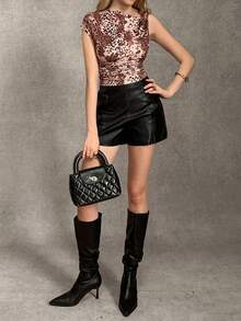 Ardnt Sexy Punk Party Stil asymmetrischer Kragen Leoparden Muster Crop Top, Metall Schnallen Dekor, modische bauchfreie Bluse für Frauen, Herbst
