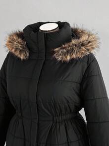Sunspun Plus Size Women's Autumn/Winter Windproof Stand Collar Hooded Faux Fur Collar Long Sleeve Zip-Up Waist Cinched Mid-Length Casual Padded Coat With Side Pockets