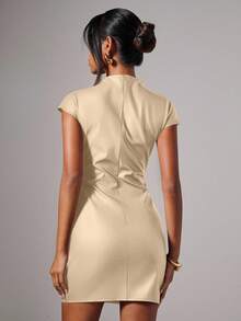 COSMINA Women's Elegant PU Leather Pleated Mini Dress, Summer - Apricot - View 2
