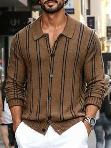 Manfinity Homme Men's Autumn/Winter Long Sleeve Cable Pattern Zip-Up Casual Knit Cardigan Fur, For Fall/Winter