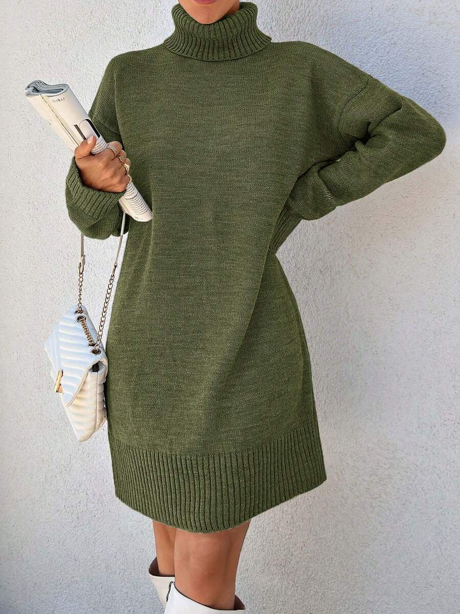 EURMUSE Women Solid Color Loose Turtleneck Drop Shoulder Sweater Dress, Autumn/Winter - Army Green - View 1