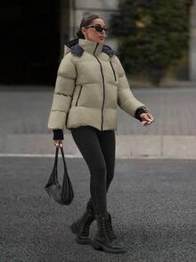 EURMUSE Hooded Zipper Detailed Contrast Rib Cuff Quilted Women's Casual Puffer Down Jacket - Mocha Brown - View 3