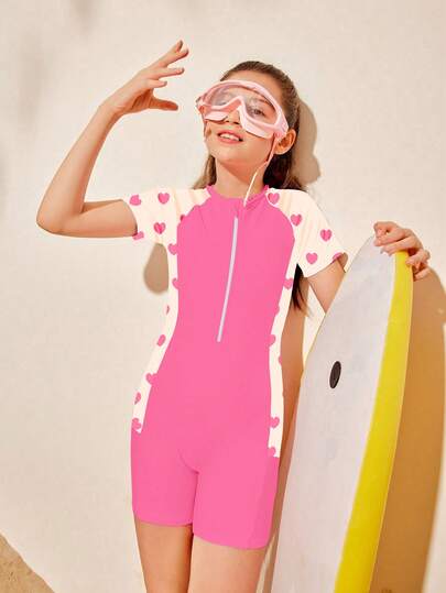 SHEIN DS72 Tween Girls' One-Piece Zipper Front Swimsuit, Fashionable For Summer