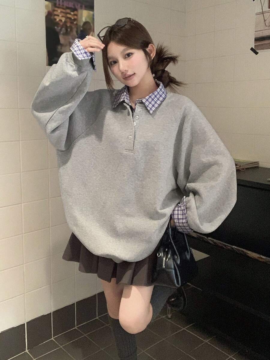 DAZY 女式格子拼接休闲长袖运动衫秋冬 - 灰色 - 查看 1