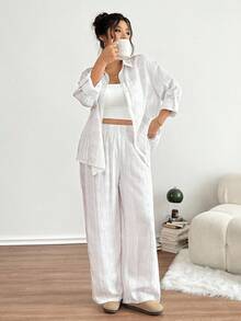 Lounesse 大码女式蓝白条纹宽松休闲两件套 - 彩色 - 查看 3