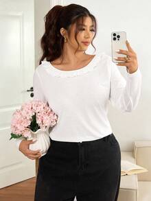 Lounesse Plus Size Casual Solid Color Ruffle Hem T-Shirt, Versatile For Autumn - White - View 6