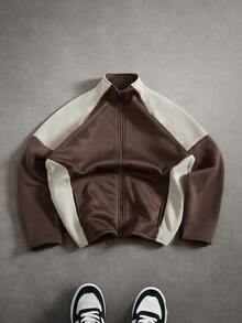 PAVTROS Men's Casual Contrast Color Patchwork Long Sleeve Jacket, Autumn/Winter Motorcycle Jacket Men Dad Brown Jacket Boxing Brown Jersey Race Jacket Track Jacket - Coffee Brown - View 3