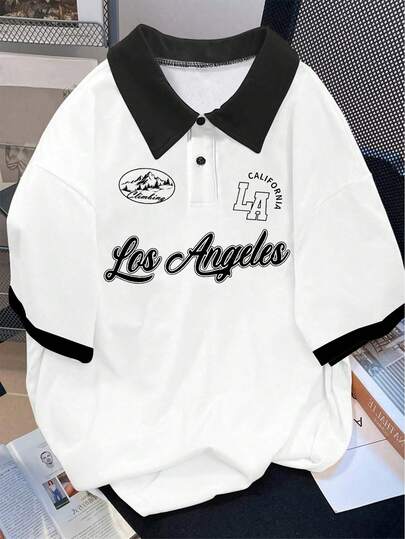 Claim Dot 男士通勤时尚 90 年代夏季撞色领字母印花短袖休闲 Polo 衫，适合外出穿着，洛杉矶风格，黑白 Polo 衫