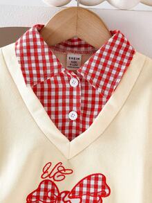 Elladie kids 2件套女婴两件套，格子领拼接长袖卫衣，饰有大蝴蝶结刺绣，格子蝴蝶结袖口，可爱迷人，搭配红白格子百褶裙，甜美活泼，非常适合小女孩。 - 杏色 - 查看 5