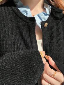 FRIFUL 女士纯色圆领落肩长袖撞色纽扣口袋装饰宽松休闲百搭开衫，秋冬款 - 黑色 - 查看 7