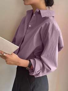 DAZY Women's 100% Cotton Casual Loose Drop Shoulder Solid Color Long Sleeve Shirt, Minimalist Daily Wear