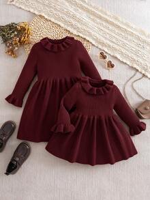 SHEIN 少女纯色长袖毛衣裙，秋冬 - 酒紅色 - 查看 7