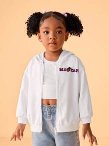 Blippi X SHEIN Young Girl Casual Cartoon Graphic Hooded Zip-Up Long Sleeve Knit White Sweatshirt - White - View 5