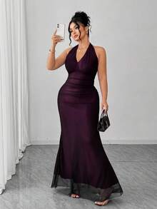Elenzga Đầm đỏ hồng thanh lịch ôm sát dáng đuôi cá xếp ly cổ chữ V nhún bèo bằng vải lưới lót bên trong dành cho nữ cỡ lớn, thích hợp cho ngày Valentine; đầm dạ hội trễ vai gợi cảm hở lưng màu đỏ, thích hợp cho các buổi tiệc tùng mùa thu/đông; - Màu tím - Xem 7