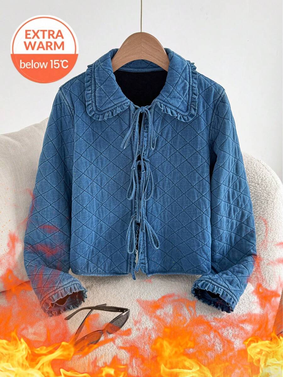 Comfortcana 女士秋季拼接荷叶边领长袖系带休闲牛仔外套，绗缝牛仔外套，荷叶边彼得潘领和系带设计，休闲时尚绗缝外套，冬季女装，新年圣诞节女装，格子外套，方格外套，保暖内衬，厚实保暖牛仔外套 - 中等水洗藍 - 查看 1