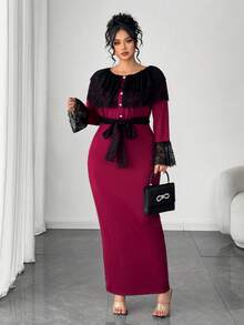 Elenzga Plus Size Lace Patchwork Cinched Waist Cinched Waist Bodycon Dress - Burgundy - View 7